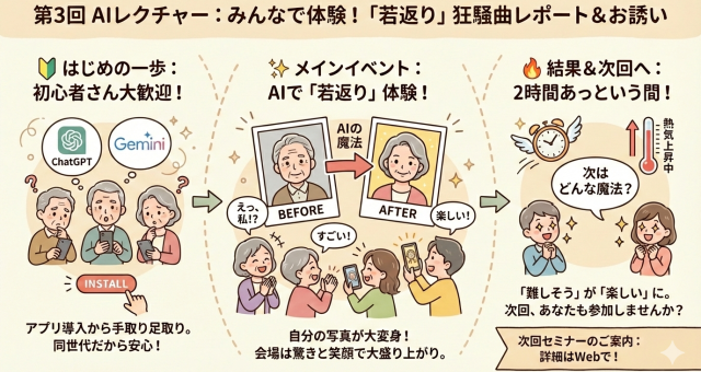 熊本県立宇土高等学校同窓会主催の生成AI勉強会を開催しました。「鏡よ鏡、世界で一番…？ AIと格闘した2時間の「若返り」狂騒曲」